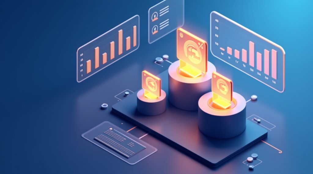 Isometric illustration of a modern analytics dashboard highlighting top-performing products, with three glowing 3D product cards placed on podiums of different heights, golden lighting accentuating the leading product, clean data charts floating in the background, gradient blue and gold tones, futuristic workspace, Ecommerce analytics theme, no visible text, no numbers, no labels.