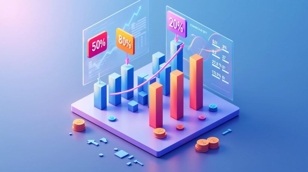 Isometric illustration of a modern digital dashboard showing colorful 3D discount tags connected by glowing lines to upward-trending revenue bars, soft blue and violet gradient tones, futuristic data visualization style, floating charts and coins around, clean and minimal composition, Ecommerce analytics environment, no visible text or labels.