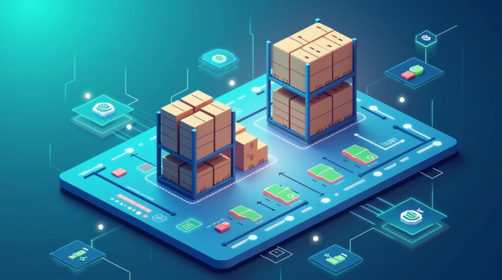 Isometric illustration of an intelligent warehouse dashboard showing live stock levels, AI-powered analytics screen with green and red stock indicators, floating boxes, barcode scanner icons, and glowing data streams, gradient blue and teal lighting, clean futuristic workspace, modern Ecommerce inventory monitoring theme.