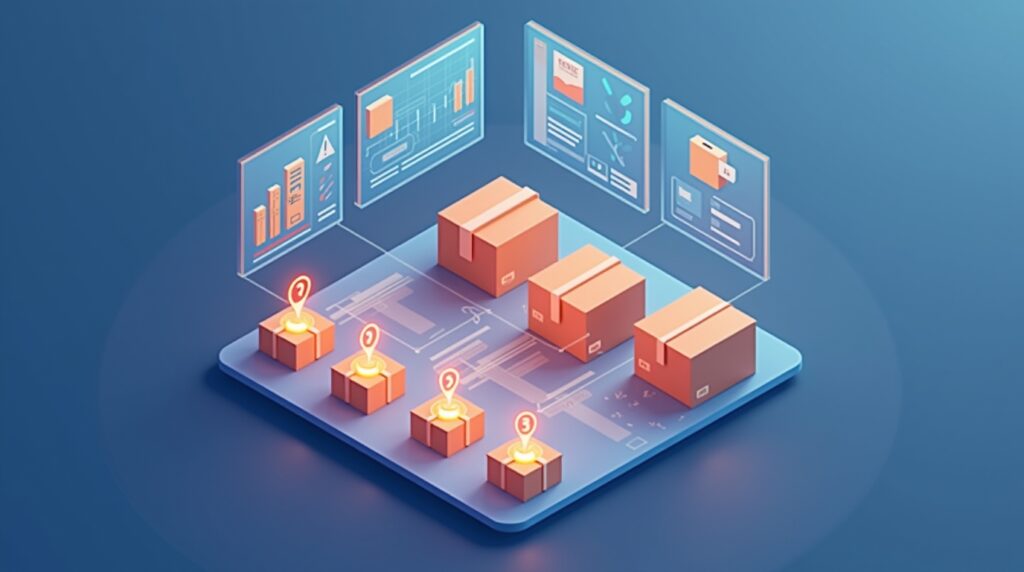 Isometric illustration of warehouse dashboard with glowing red “Low Stock Alert” icons beside boxes, declining inventory bars, digital screens hovering above, soft blue and orange tones, modern analytics environment.