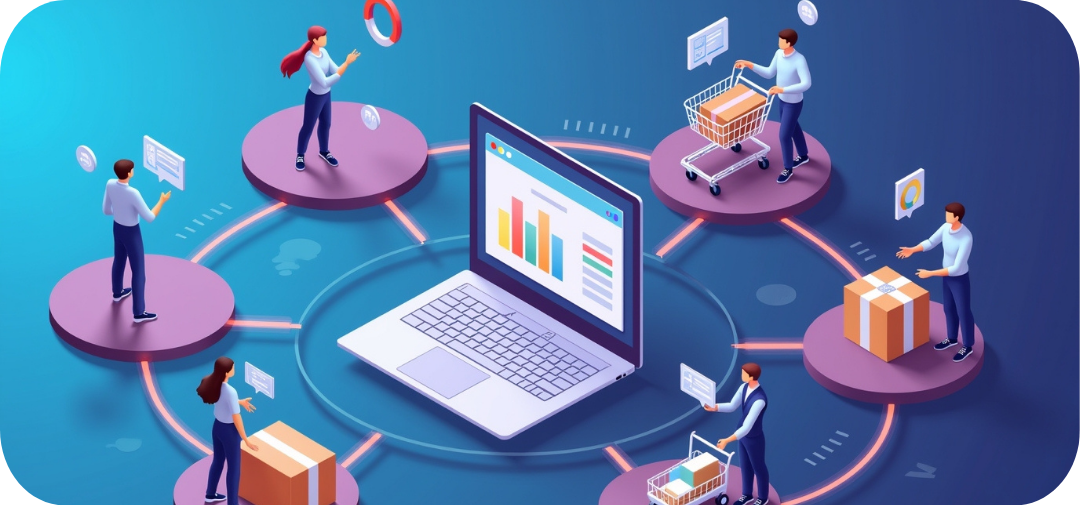 Isometric illustration showing a Shopify customer journey from discovery to purchase to loyalty. Depict small isometric scenes - a user discovering a product on social media, browsing on a laptop, adding to cart, completing checkout, and receiving a product package. Each stage is connected by glowing data lines leading into a central analytics dashboard