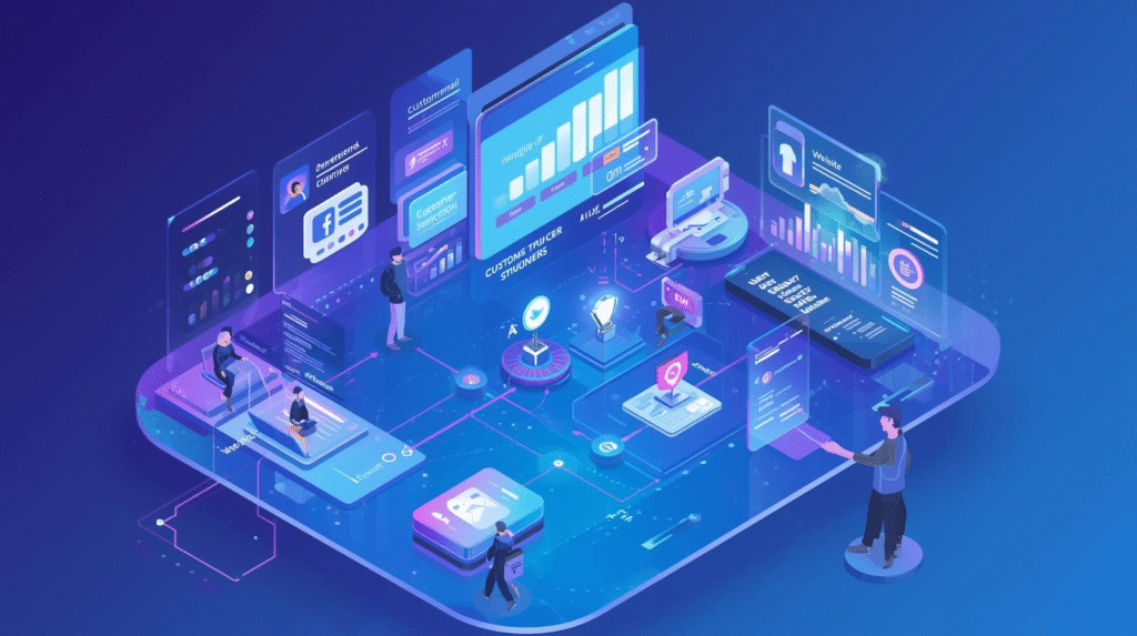 Isometric illustration of a dynamic digital marketing dashboard showcasing a "Customer Journey" flowchart, with clearly defined user touchpoints including a website, social media icons, email notifications, and a checkout process, rendered in futuristic gradient tones of blue and purple, featuring prominent 3D elements, set within a clean and professional workspace illuminated by ambient light, with a sleek laptop and glowing data screens displaying charts and analytics.