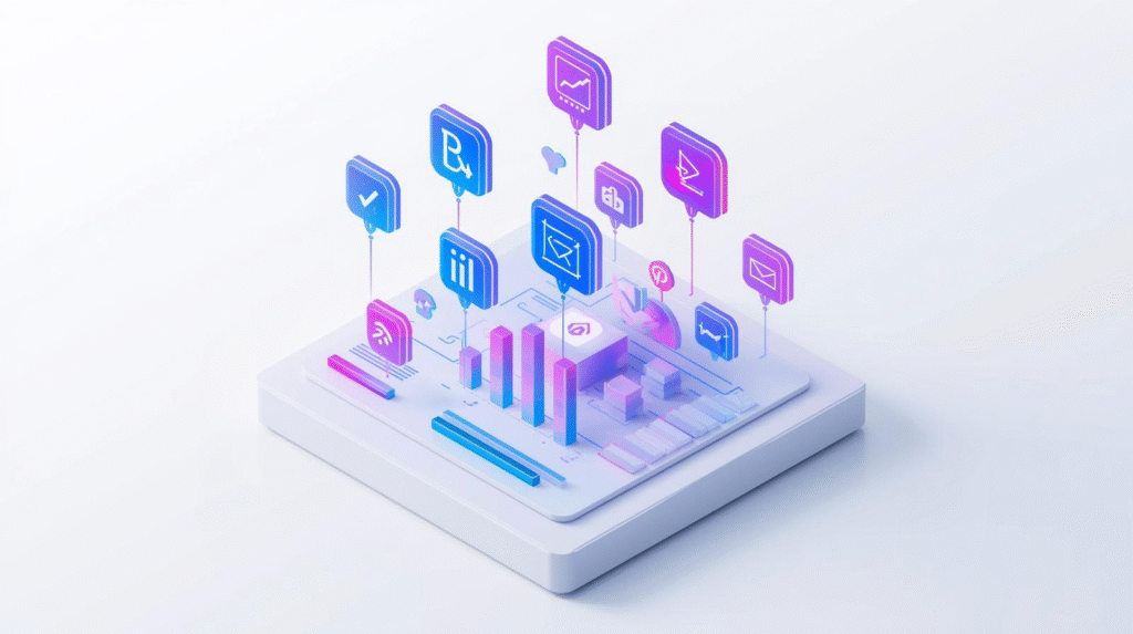 A high-quality, professional stock photo of an isometric 3D illustration. The image features a futuristic office setup with a clean composition and well-lit, sharp details. A central dashboard displays data visualization with floating icons representing traffic sources such as search, ads, social media, and email. Each icon is connected to a bar graph, rendered in glowing gradient tones, conveying a digital marketing vibe.