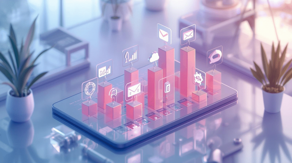 Isometric illustration of a sleek, 3D digital dashboard displaying floating, stylized icons for various traffic sources like search engines, paid advertisements, social media platforms, and email campaigns. Each icon is dynamically linked to a corresponding bar graph, illustrating data flow. The scene features glowing gradient tones, with a backdrop of a futuristic, minimalist office setup bathed in soft ambient light. The overall aesthetic embodies a clean, data visualization theme with a strong digital marketing vibe, emphasizing clarity and modern design.