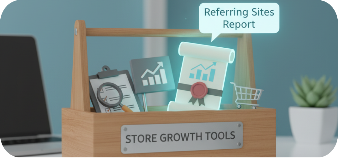 A toolbox labeled “Store Growth Tools” with one tool glowing or highlighted with the tag “Referring Sites Report.”