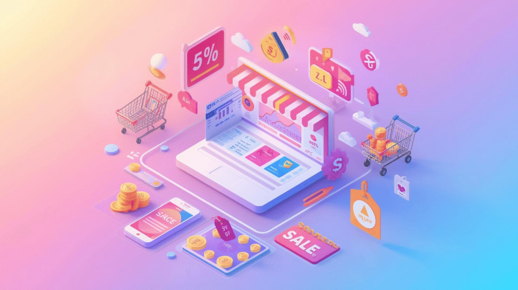 Isometric online store interface with floating shopping carts, percentage icons, product cards, marketing analytics dashboard, coins and sale tags, digital marketing elements like ads and engagement icons, vibrant gradient background with a light futuristic glow.