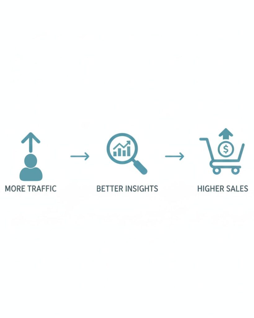 A minimalist flat icon of: “More Traffic → Better Insights → Higher Sales” as three simple symbols in a row, perfect for a clean, elegant close.